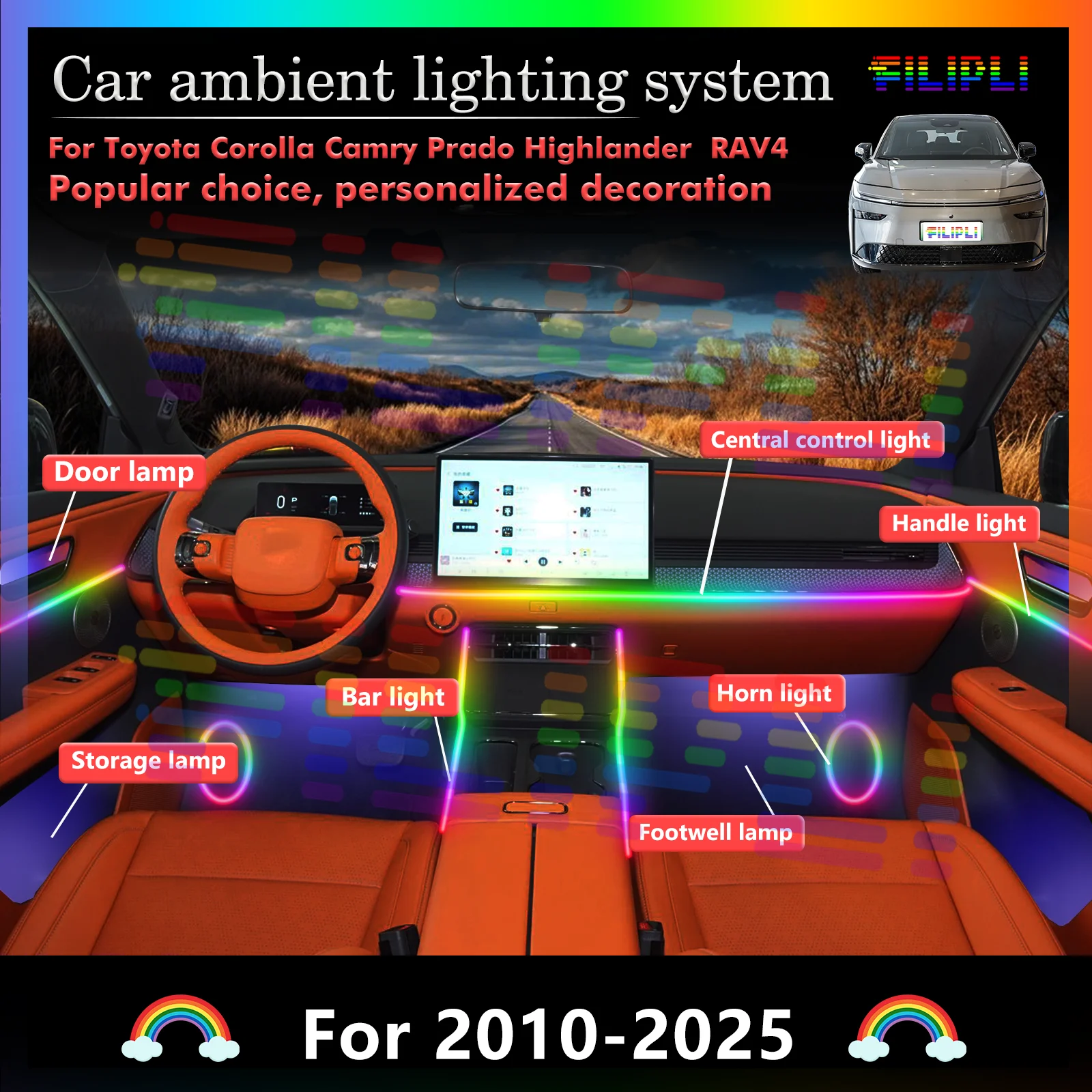 

For Toyota Corolla Camry Prado Highlander RAV4 Car Interior Lights - Aurora Effect LED Strip, Music Sync & 3D Dynamic Projection