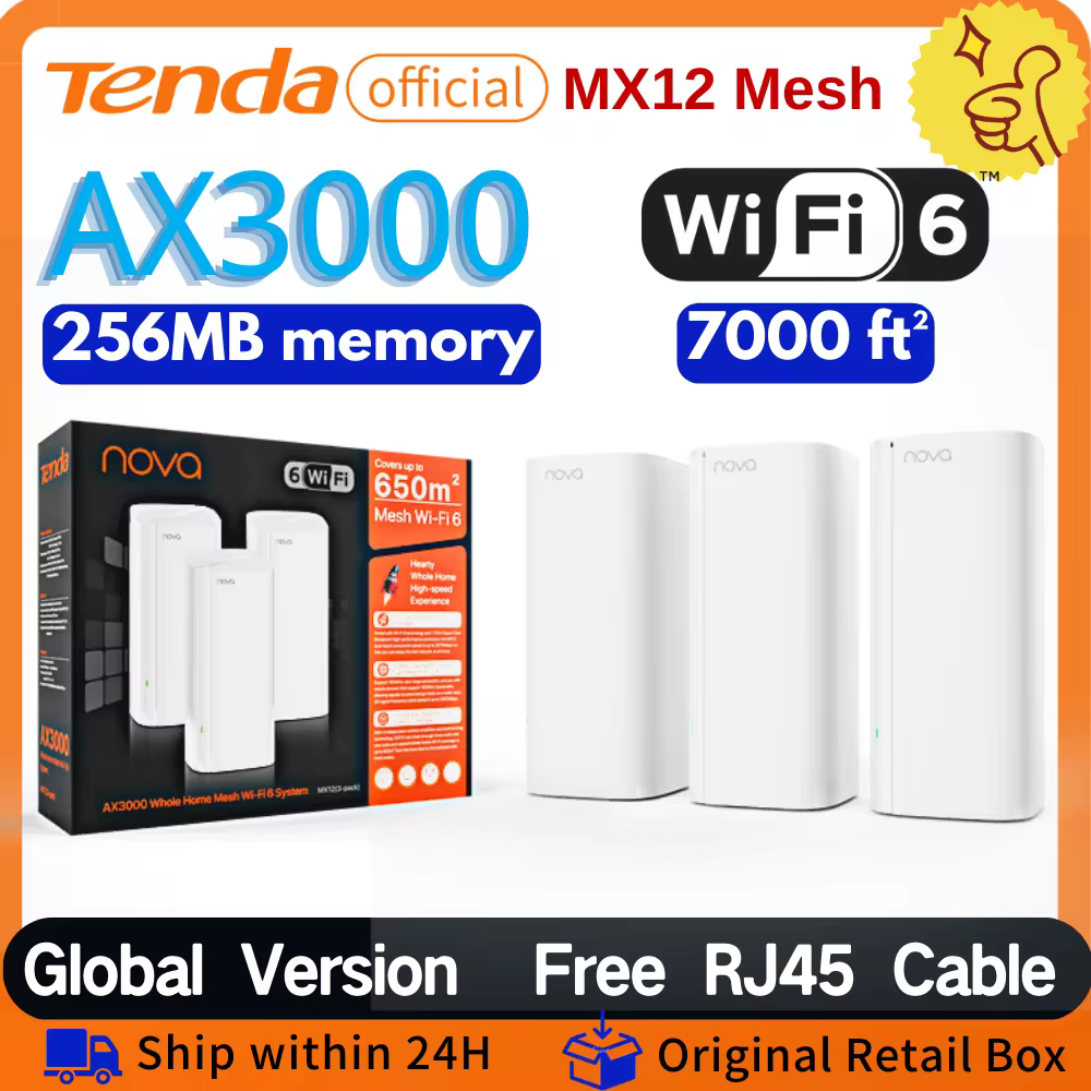 נתב רשת Mesh אלחוטי Wifi6 AX3000 של Tenda דגם MX12 2.4GHz 5GHz מגבר רשת אלחוטי ג'יגה-ביט מלא AX3000 מרחיב רשת נתבי Mesh של Tenda
