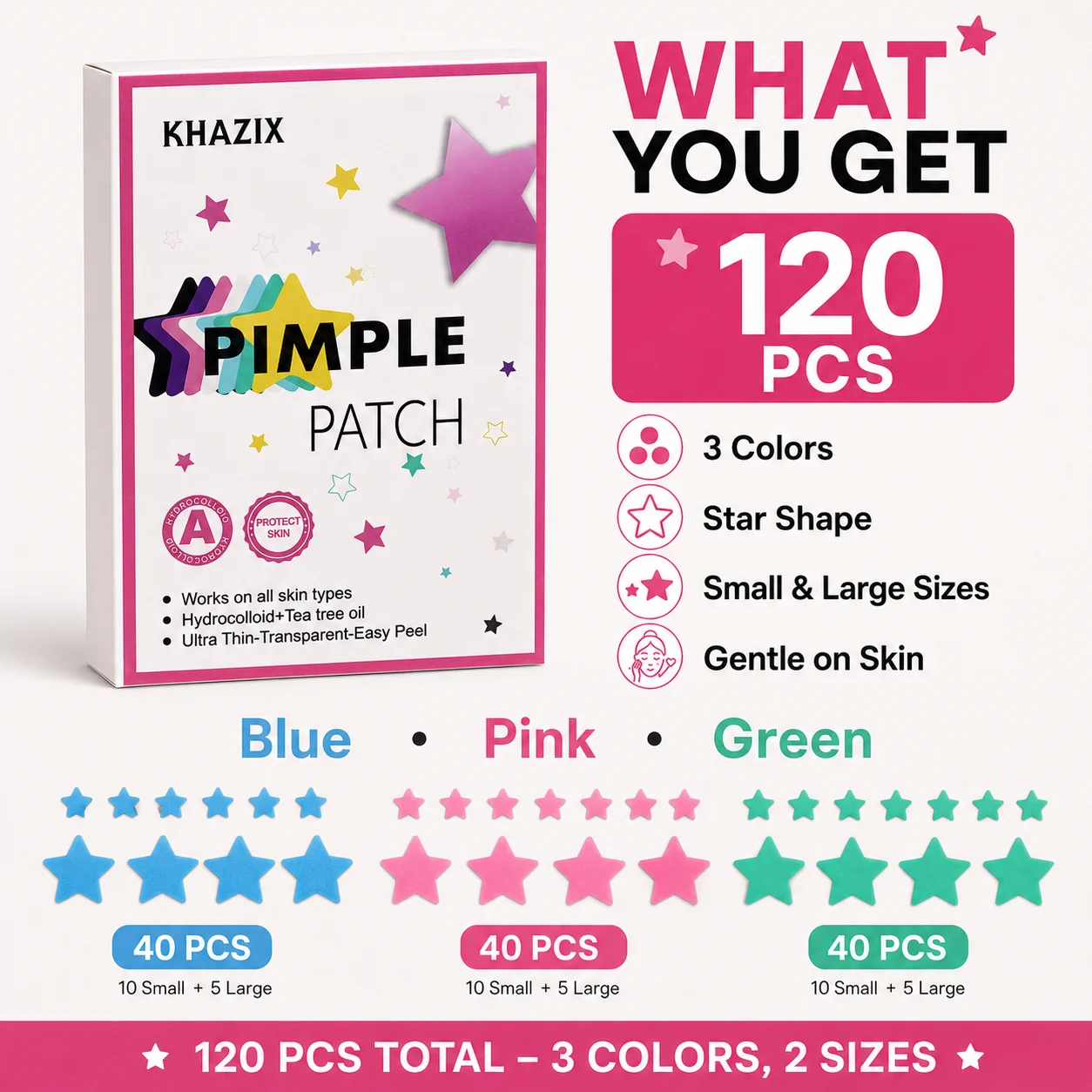 120PCS Star Acne Patches Hydrocolloid Pimple Patches Blue Green Pink Cute Spot Stickers for Face Body Day Night Care