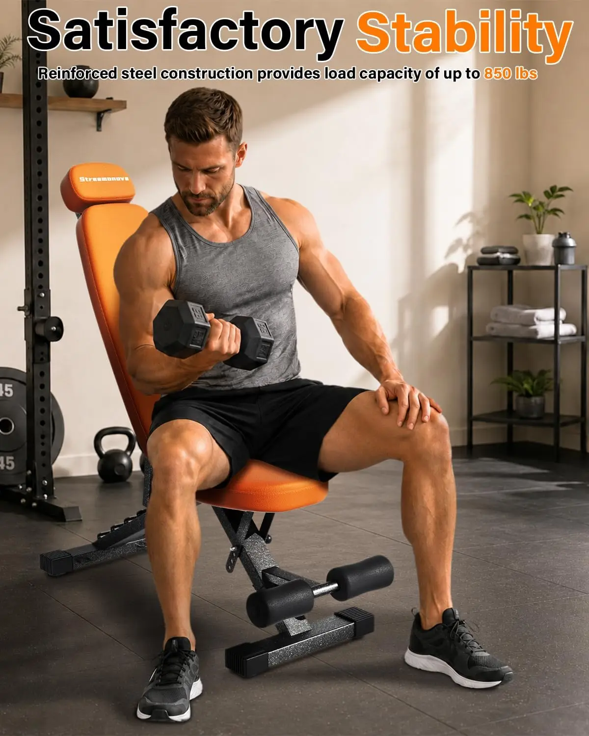 Adjustable Fitness Bench, Foldable Extended Headrest, 192 Positions Incline Decline, 900LBS Home Gym Training
