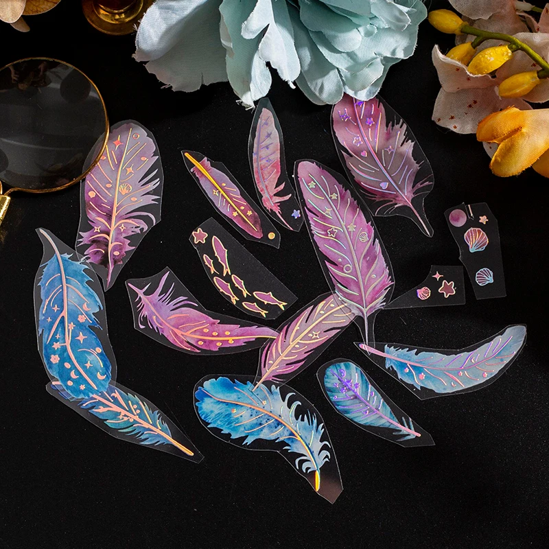 2 pcs/pack PET sticker feather collection watercolor laser silver feather DIY material collage scrapbooking material 4 sections