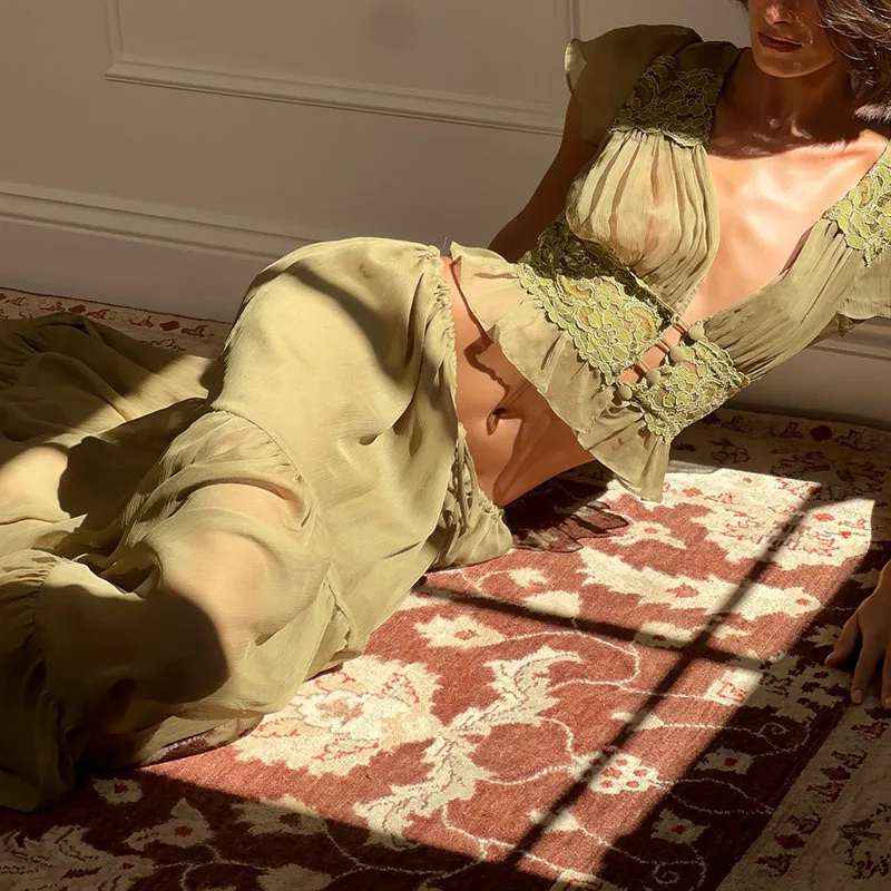 

Lady V-neck Short Sleeved Top & Long Skirt Holiday Suit Spring Summer Mesh Beach Women Outfit Casual Solid Color Party Set