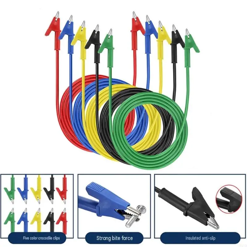 Electrical Alligators Clip Test Cable Set 5 Pack, 1 M Five Color PVC Insulated Wires with Serrated Metal Ends for Circuit M4YD