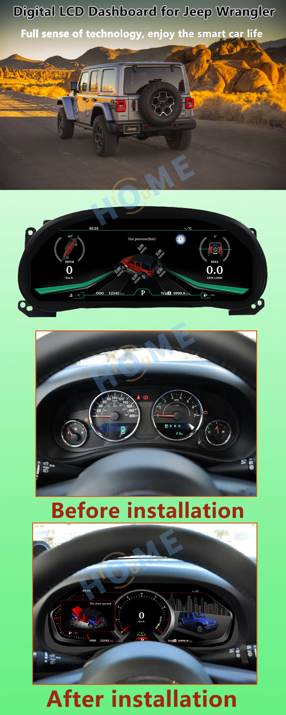 12.3 inch Car LCD Dashboard For Jeep Wrangler 2011-2017 Auto Instrument Panel Modified And Upgraded Multifunctional