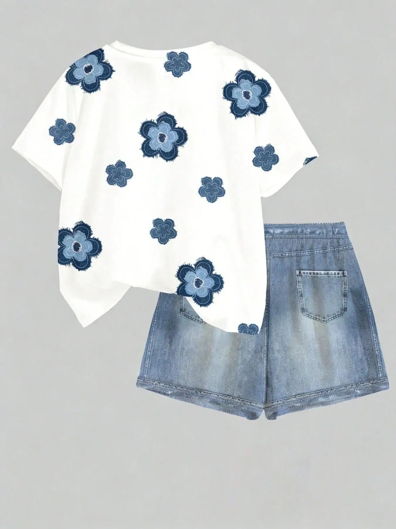 Warm and Sweet Floral Faux Denim Pattern Print Set, Summer Digital Print Casual Top + Shorts Two-Piece Set for Girls, Available in Blue, Rose Pink, Purple, and Multiple Colors, Suitable for Children Aged 4-11