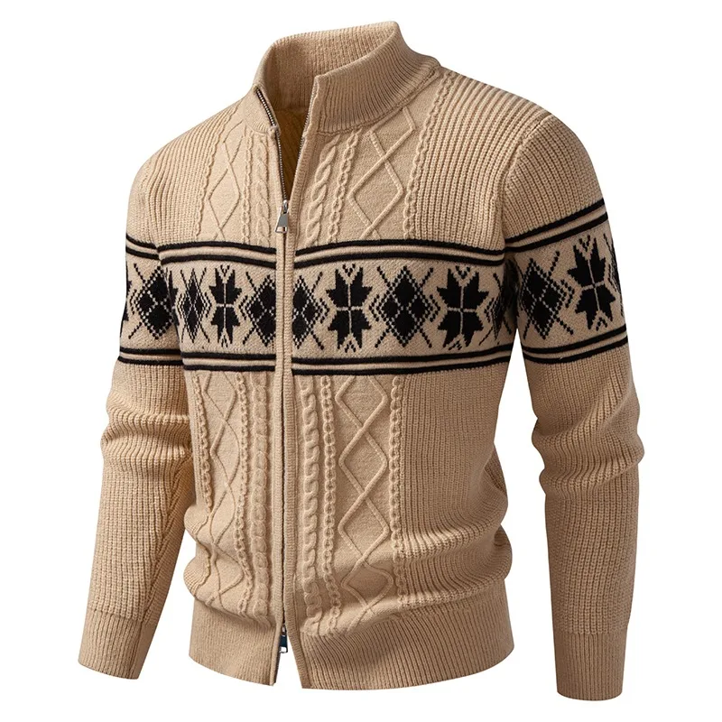 Men's Beige Nordic Snowflake Pattern Knit Cardigan Full Zip Stand Collar Long Sleeve Sweater for Men Autumn Winter