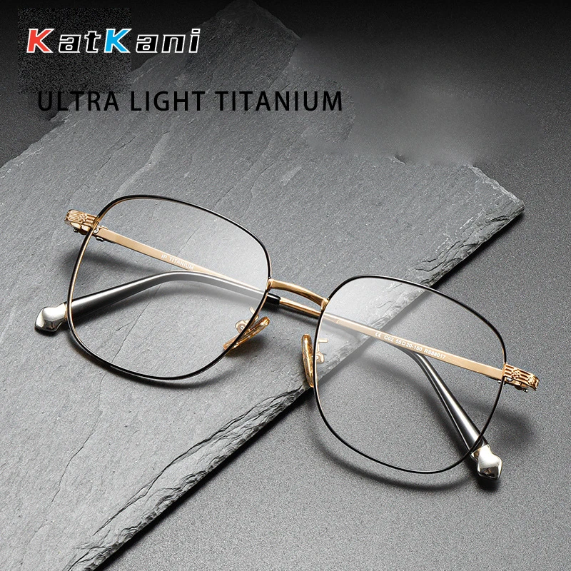 

KatKani Retro Fashion Polygon Double Bridge Spectacle Ultra Light Pure Titanium Eyewear Optical Prescription Glasses Frame Man