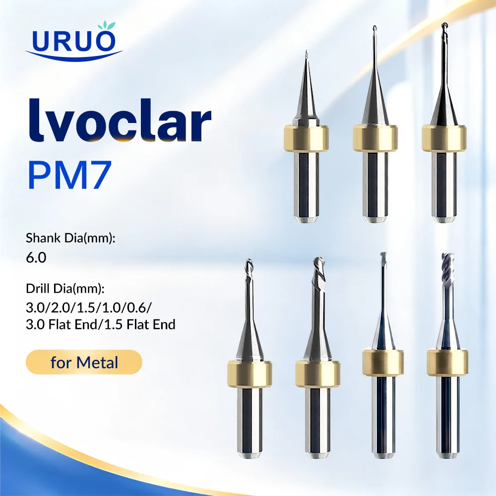 Ivoclar PM7 Milling Bur Cutter for Metal Grinding Tools D6 Shank CAD CAM Cutting Drills 0.6/1.0/1.5/2.0/3.0mm for Dental Lab Use