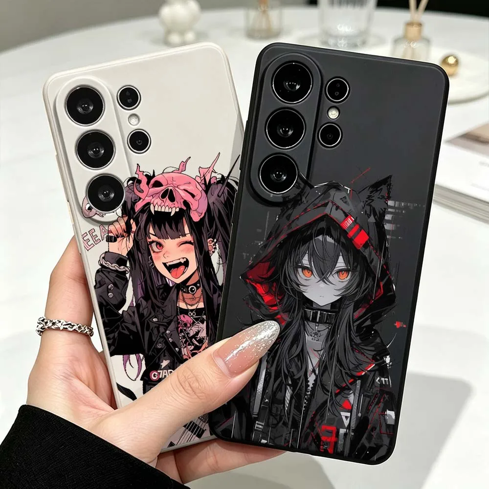 Long Black Hair Red Eyes Girl For Samsung Galaxy S26 S25 S24 S23 S22 S21 S20 Ultra Plus FE Soft Liquid Phone Case Cover