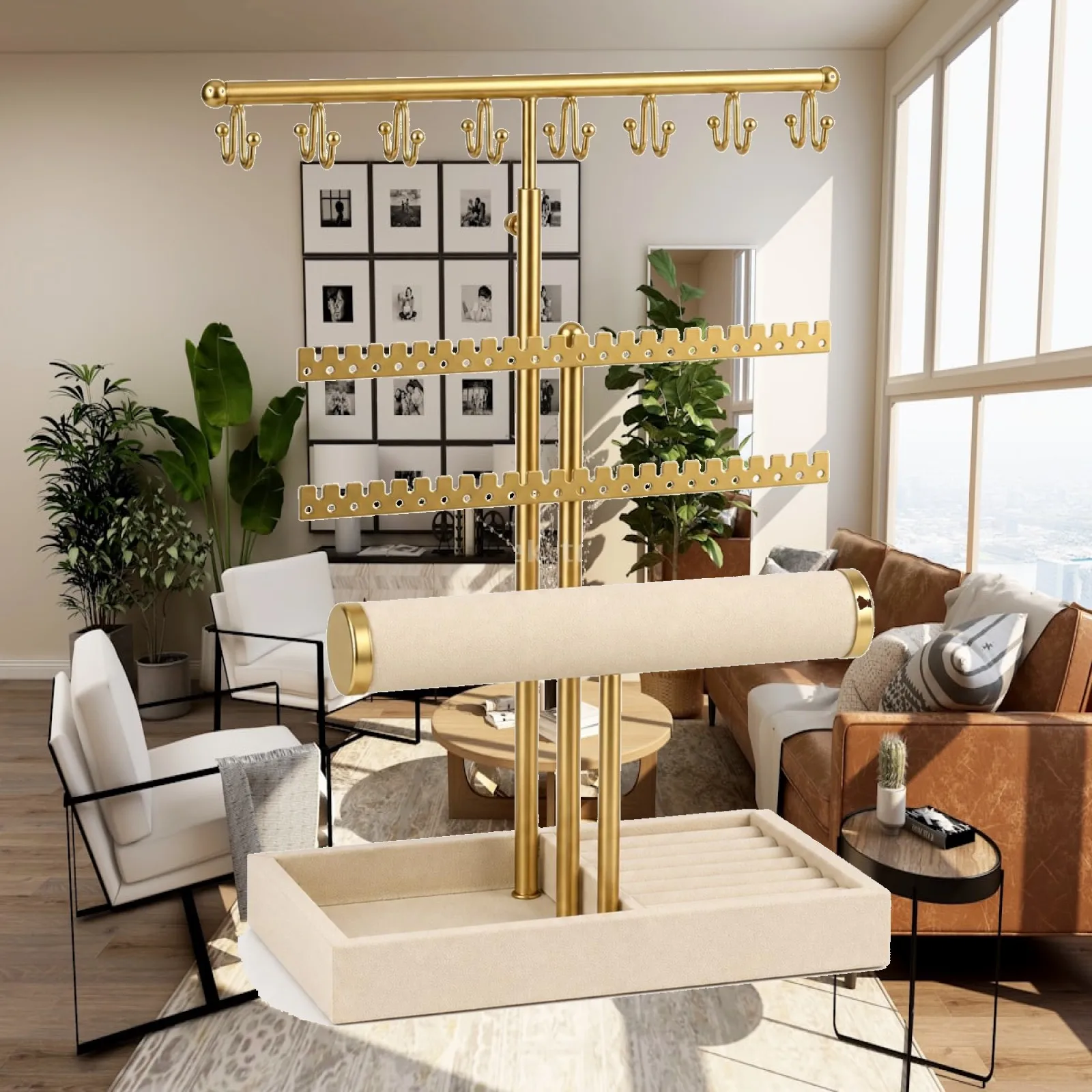 Elegant Gold Tone Jewelry Holder Stand with Rectangular Tray and Ivory Cushion Bar for Necklace Bracelet Earring Organizer on
