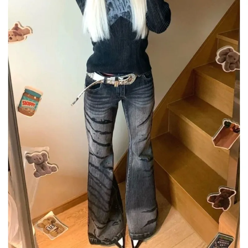 

Women American Y2K High-quality Washed Stripes Flared Jeans Trendy Spicy Girl Slim Fit Drop Feeling Long Floor Mop Pants