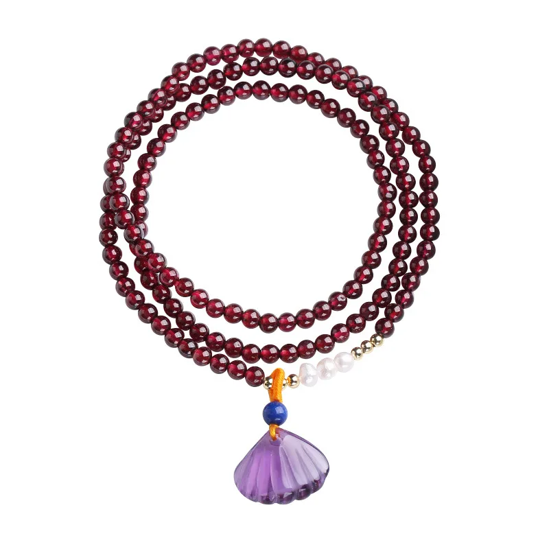 Natural Purple Garnet Bracelet Three Layers Purple Garnet Amethyst Shell Bracelet for Women Fashion Elegant Jewelry Gifts