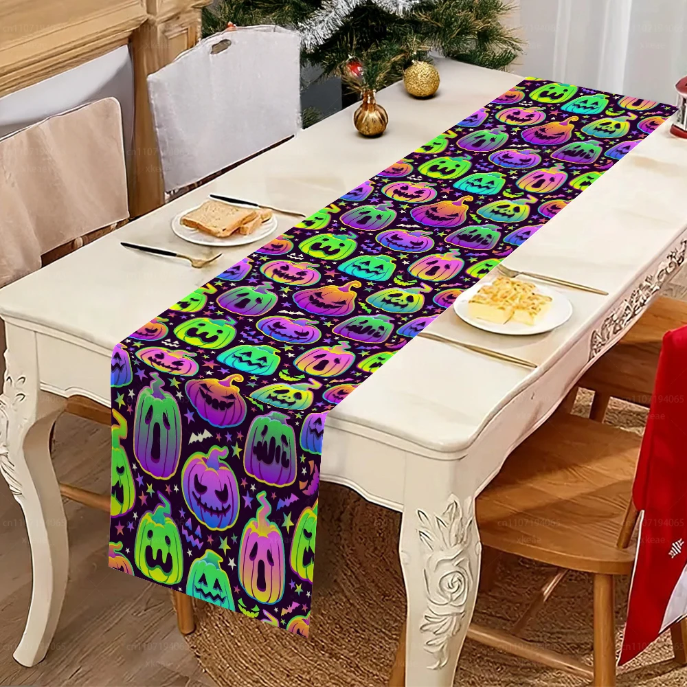 Neon Colorful Pumpkin Halloween Table Runner, Psychedelic Jack‑o‑Lantern Print Table Cloth, Polyester Table Decor for Halloween