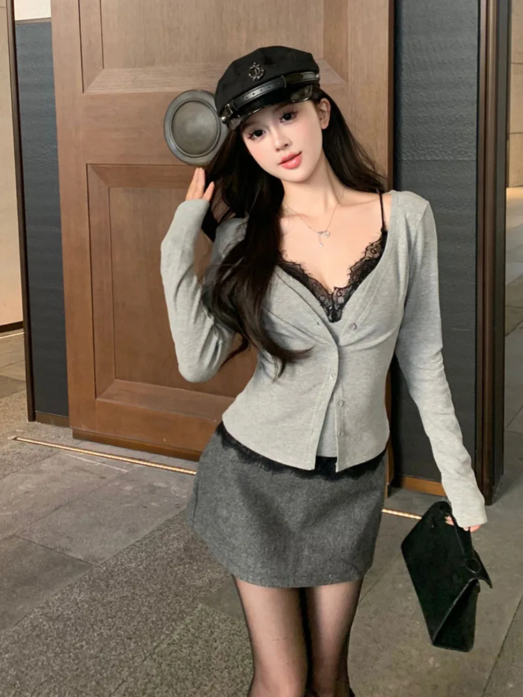 Sexy Sweet 2000s Aesthetic Outfits 2 Piece Set Women Off Shoulder Lace Camisole Coquette + Grey Knitted Cardigan Simple Clubwear