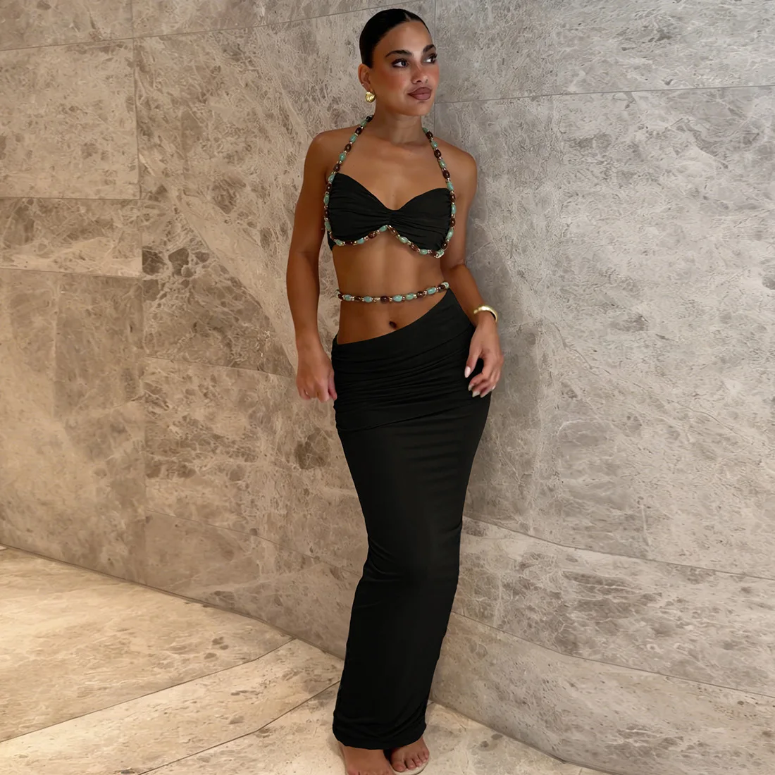 

2026 Summer New Women's Two Piece Set Fashion Sexy Sleeveless Halter Neck Long Slim Skirt High Waist Slim Maxi Skirts Bodycon