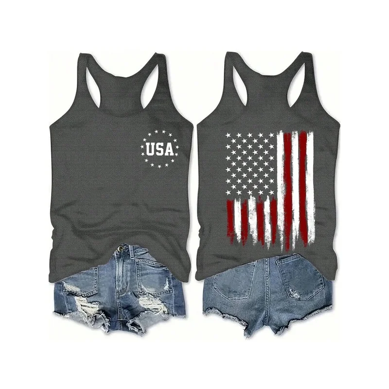 Ladies' Summer Casual Sleeveless Vest American Flag Double-Sided Printed I-Back Top Trendy Popular Style