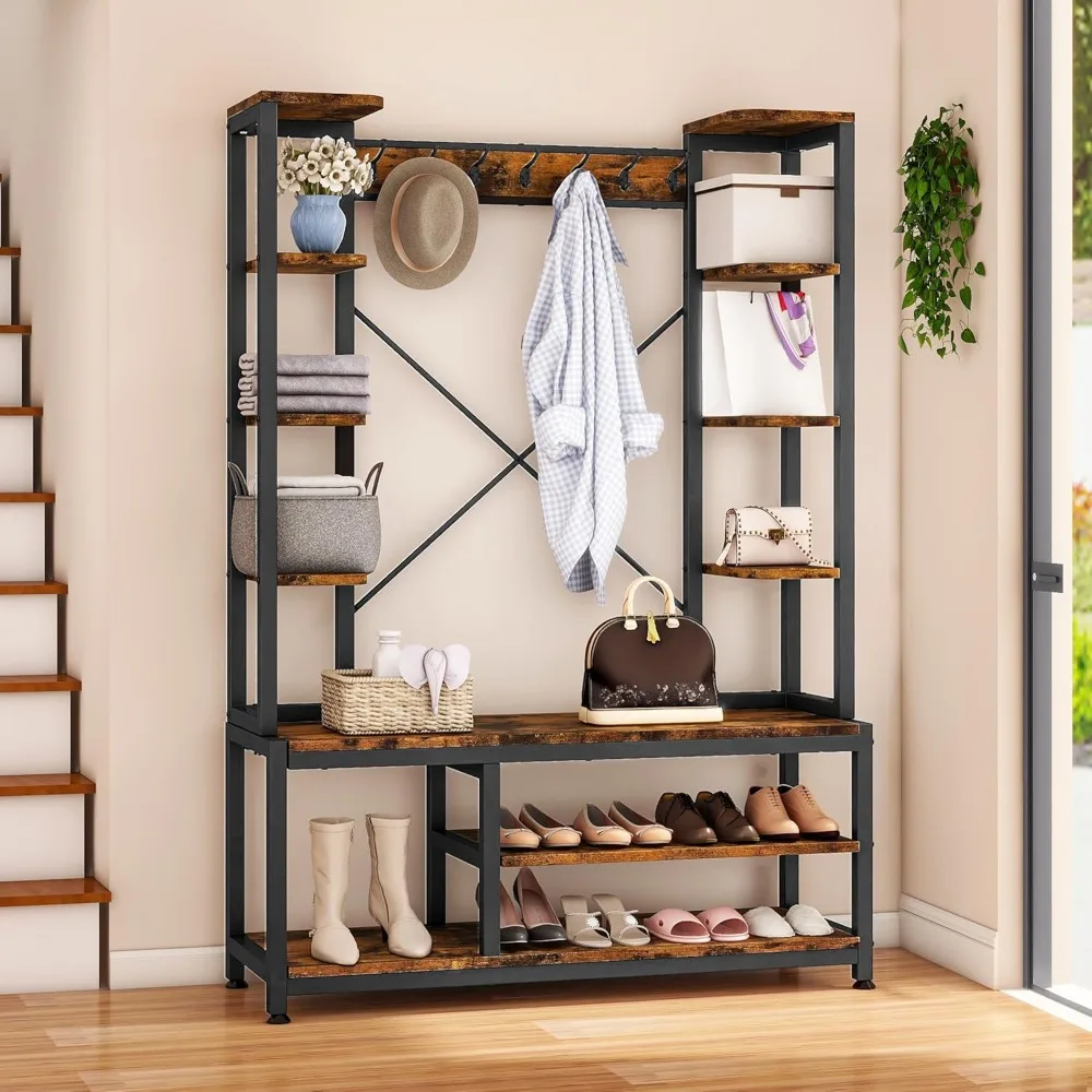 

5-in-1 Coat Rack Shoe Bench, Entryway Hall Tree with Shoe Storage, Freestanding Coat RackTwo Side Storage Shelves, 7 Hooks