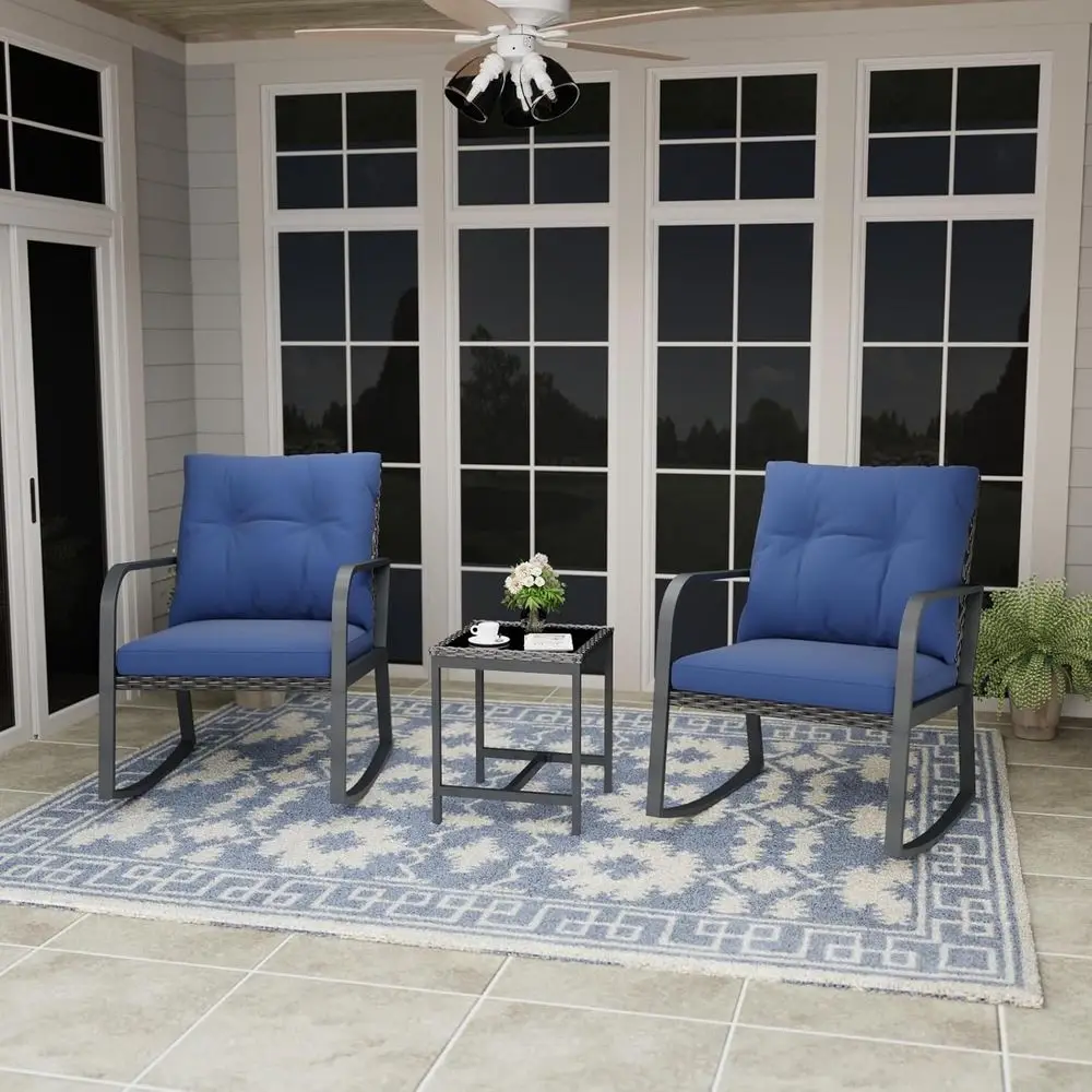 

3-Piece Outdoor Patio Furniture Set with Rocking Chairs, Ideal for Garden, Balcony, Poolside, Backyard, Blue