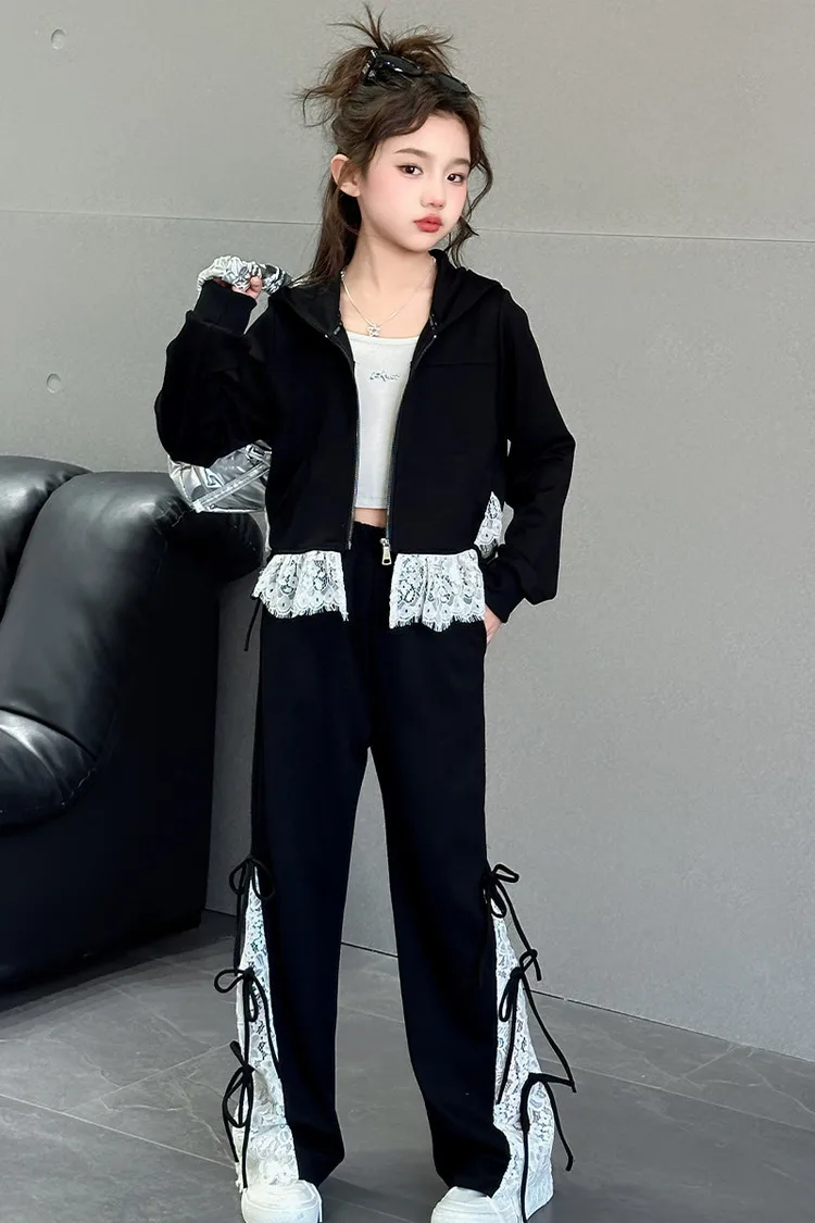 

Girls Lace Splicing Casual Sports Set 2025 Spring Autumn New Children Coat Wide Leg Pants Two Piece Set