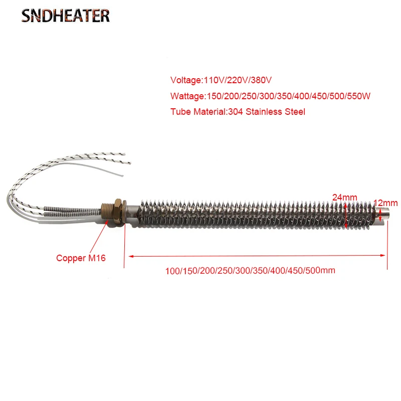 SNDHEATER Finned Heating Tube 304 Stainless Steel Radiator 110V 220V 380V 150W/200W/250W/300W Oven Ten Dia. 12mm Fin 24mm