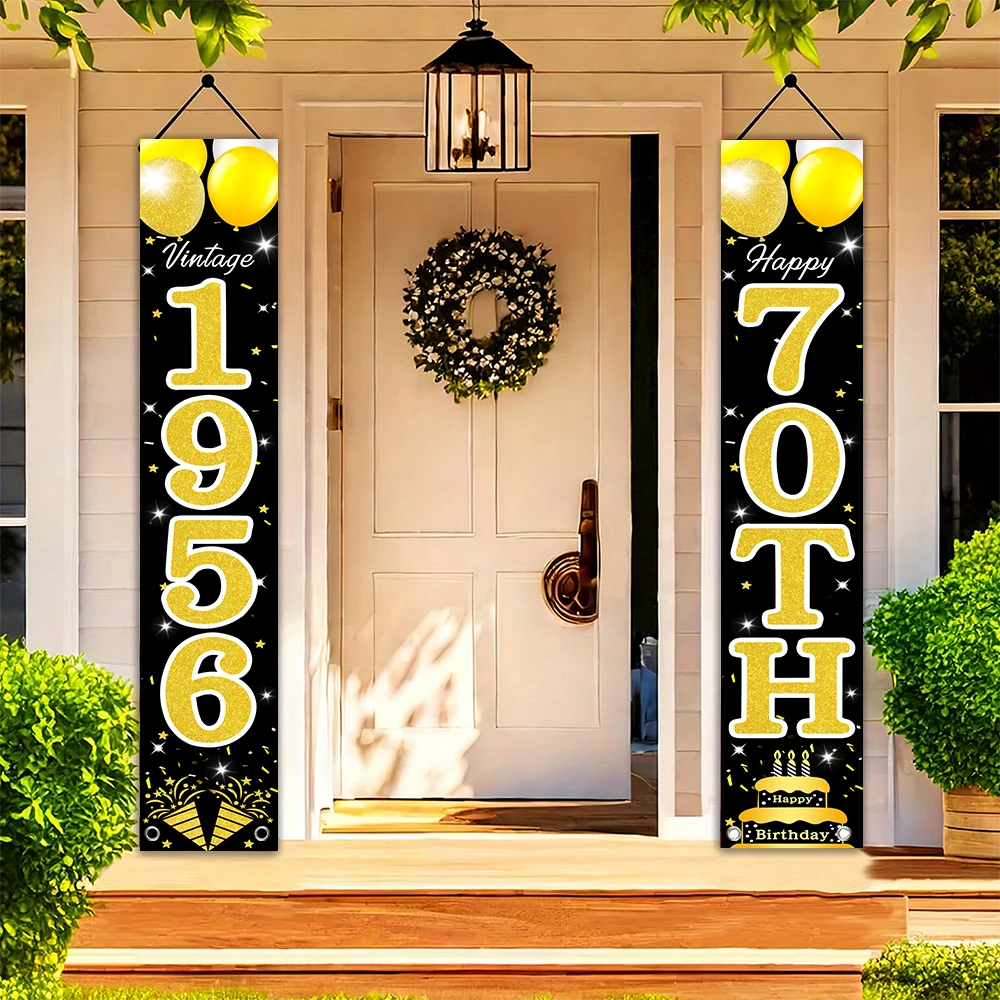 Schwarz-Gold Glitzer 70. Geburtstag Veranda-Banner, Retro 1956 Vintage Geburtstags-Türbanner mit Luftballons und Kuchen für die Feier – Detail 7