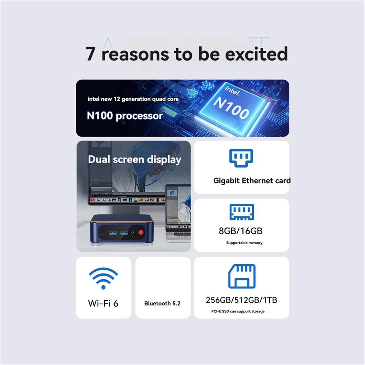 

A49T N100 Мини-ПК 4K 4096 X 2160 60 Гц DDR4 8 ГБ ОЗУ 128 ГБ SSD для Win11 Pro WIFI6 BT Настольный игровой компьютер с вилкой стандарта США