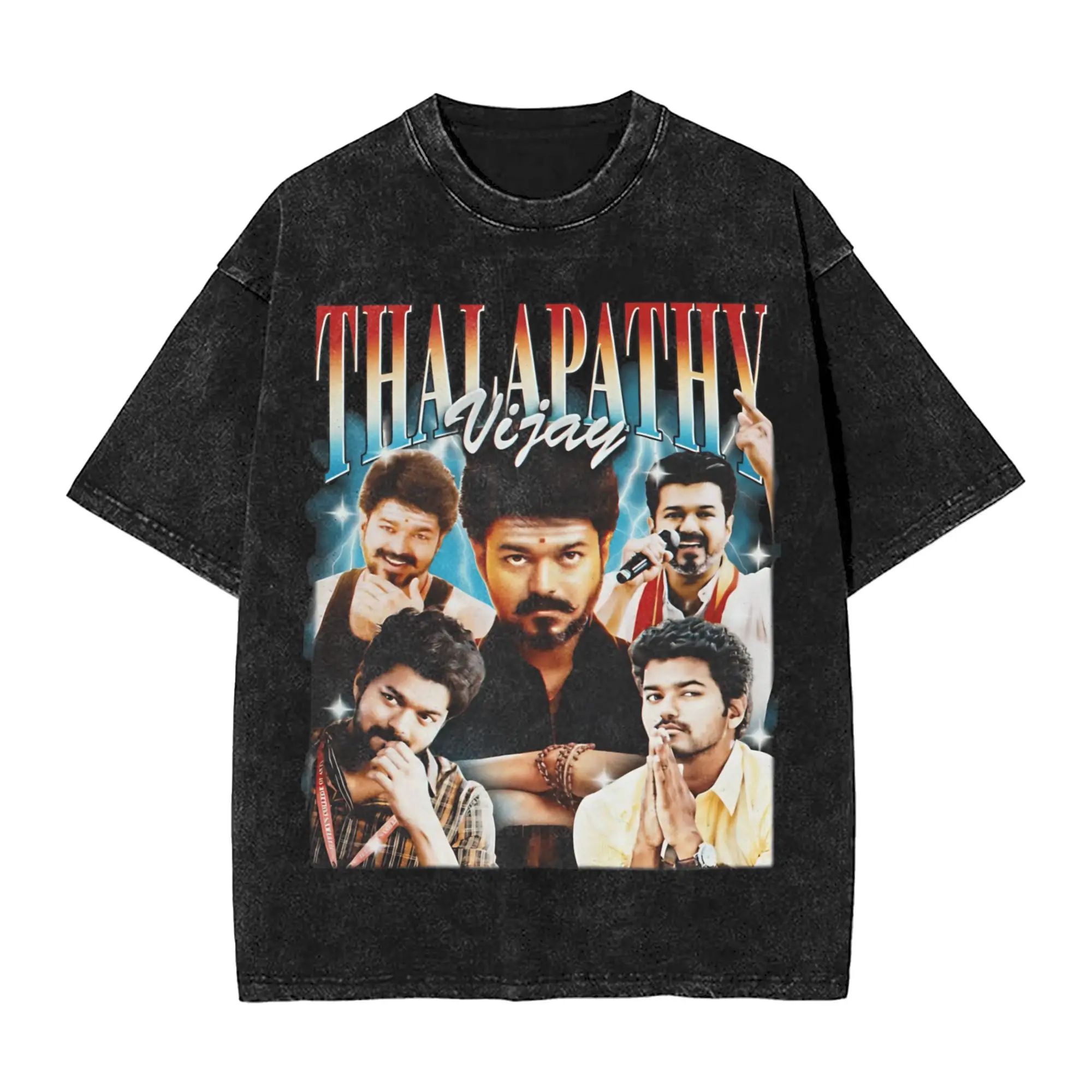 Thalapathy Vijay Indian Movie Hero T-Shirt for Men Crew Neck Cotton Washed T Shirts Short Sleeve Tee Shirt Plus Size Clothing