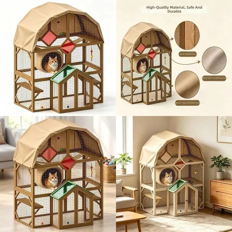 Large Capacity Wooden Multi Storey Cat House with Interactive Toys for Indoor Entertainment and Rest