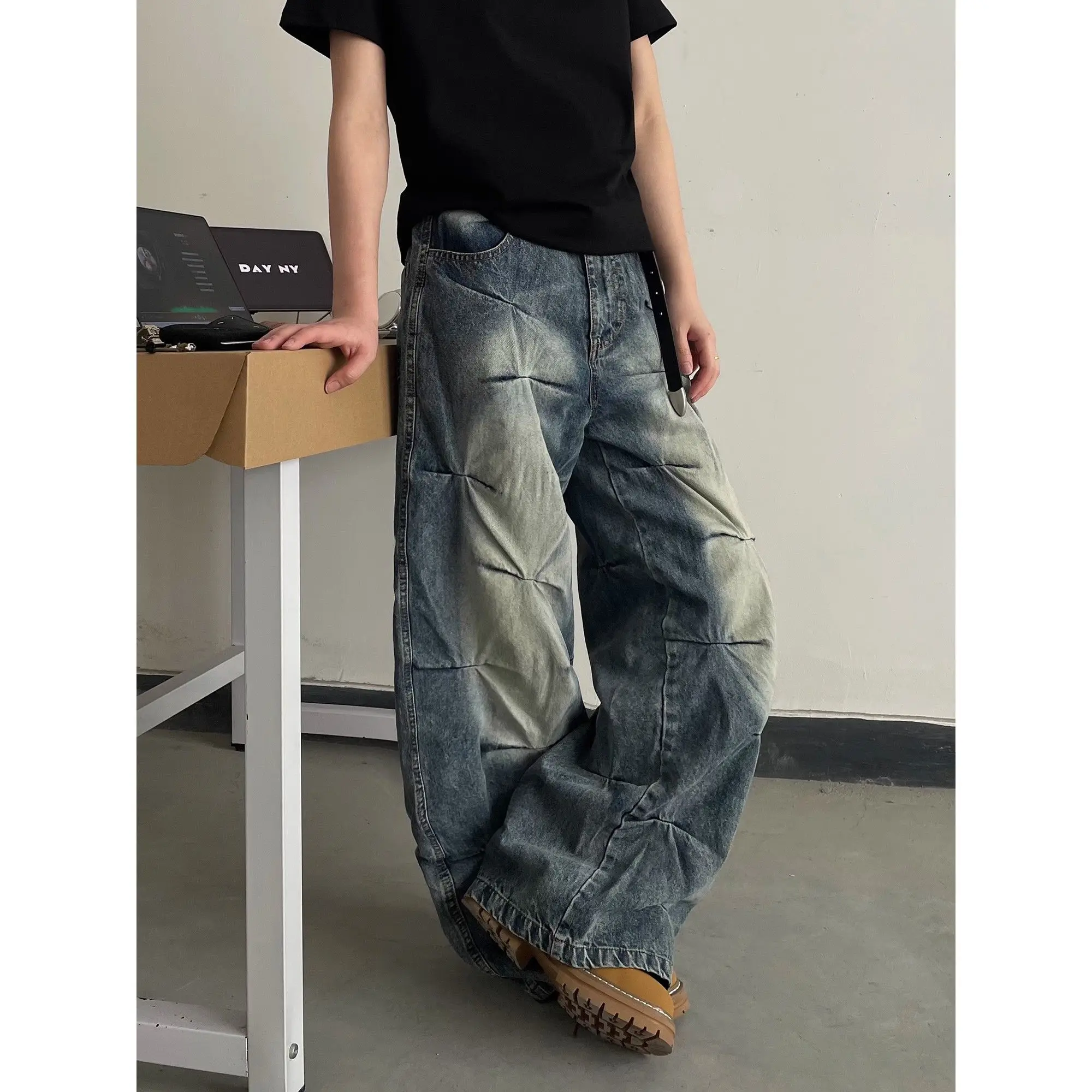 Мужские плиссированные дизайнерские винтажные джинсы, широкие спортивные штаны в стиле хип-хоп, повседневные брюки для молодых мальчиков, низ с высокой талией, мужские мешковатые брюки