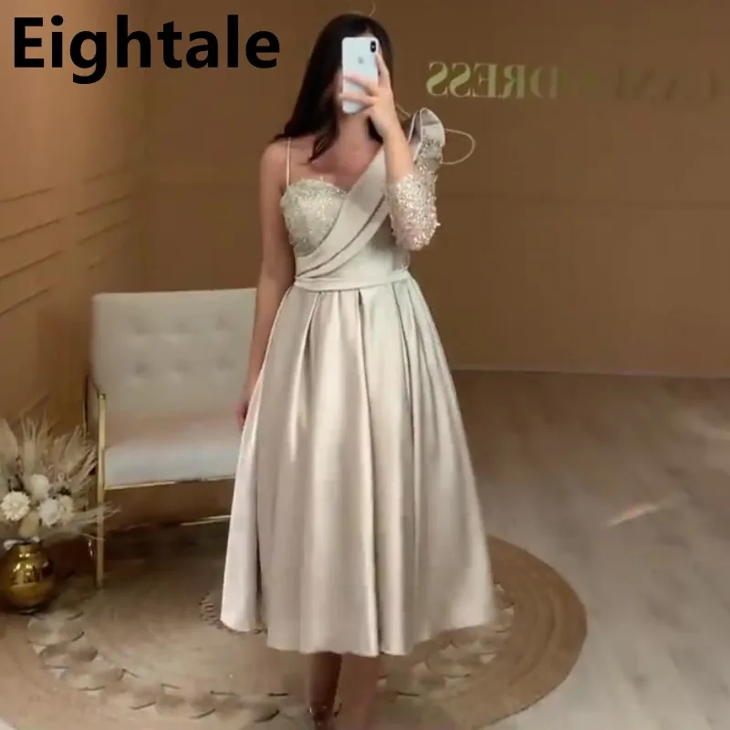 Customized Tea Length Evening Dresses Short Dubai A-Line Celebrity Party Gown Champagne Lace Satin Mono Prom Graduation Dress