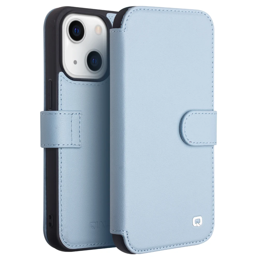 QIALINO Business Style Housse de téléphone en cuir de vachette véritable avec design portefeuille pour iPhone 13 6,1 pouces - Bleu