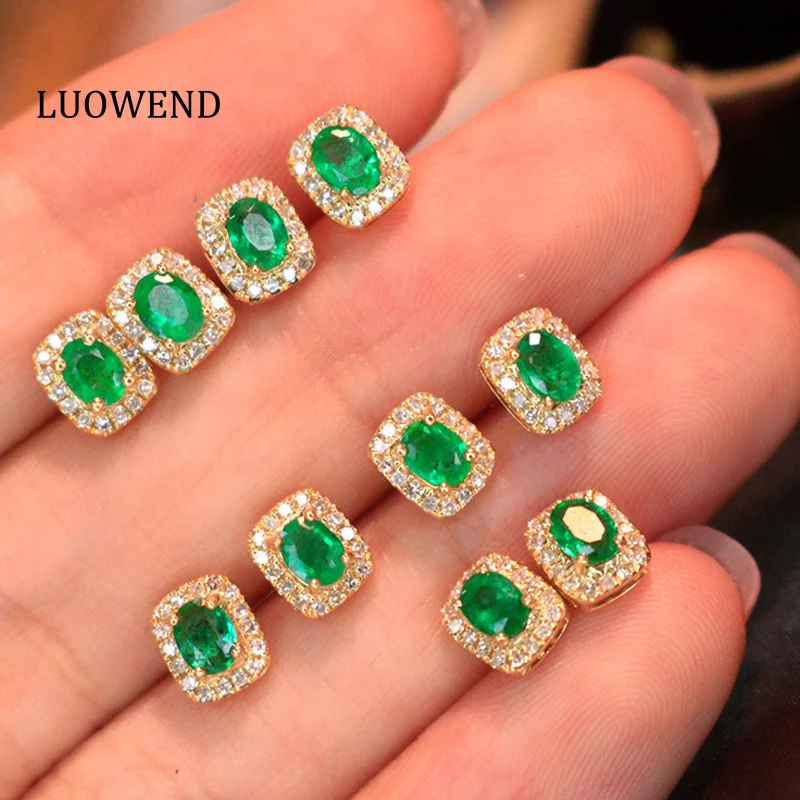 

LUOWEND 100% 18K Yellow Gold Earrings Elegant Style Shiny Diamond Natural Emerald Earrings for Women Birthday Gift Fine Jewelry