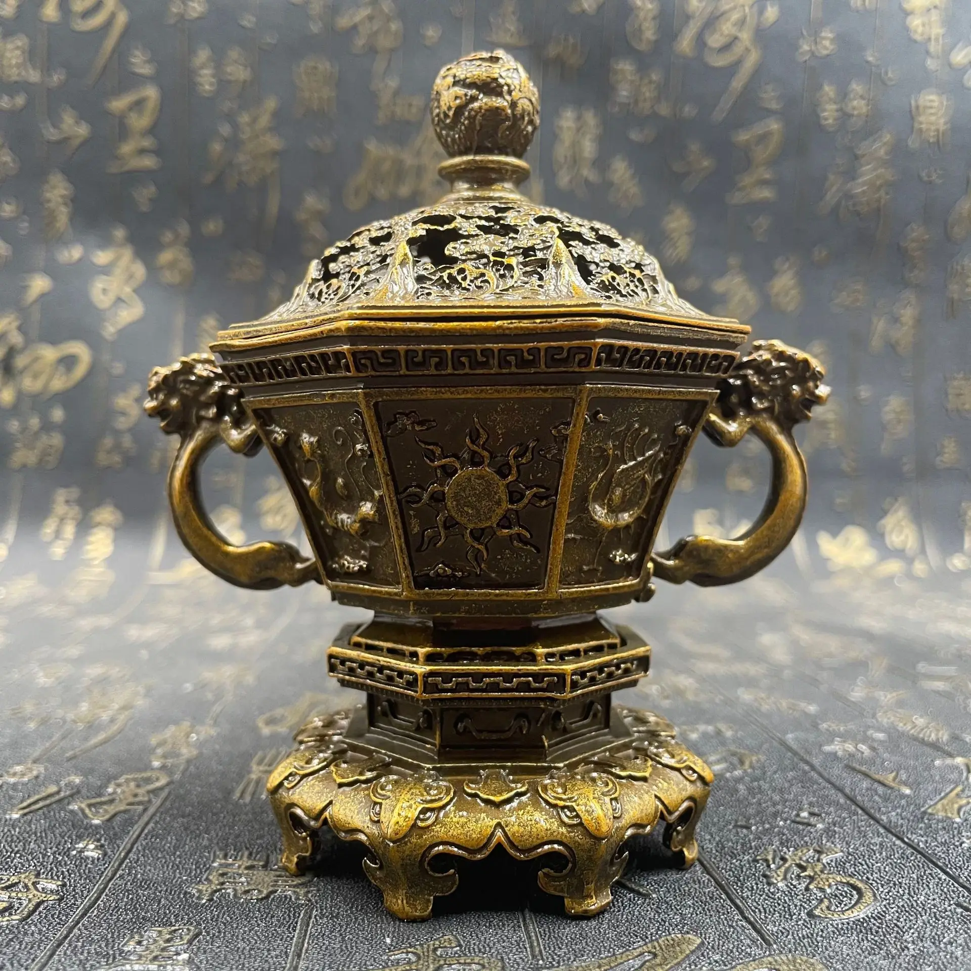 Antique three-layer incense burner double Pixiu ear four-beast incense burner retro home incense burner decorative ornament holl