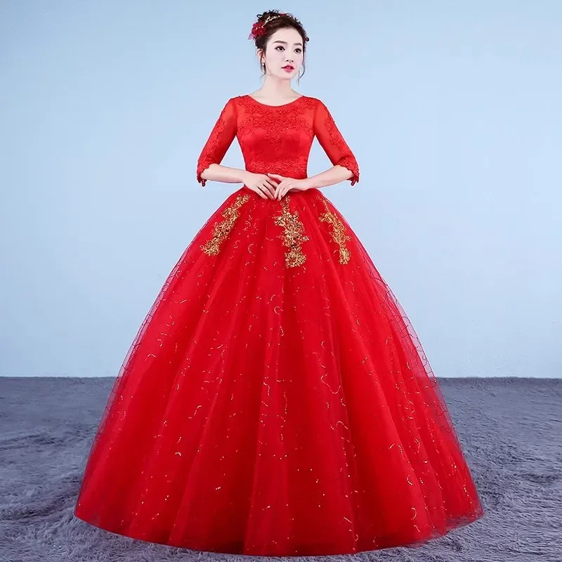 

Cheap Wedding Dress Red Applique Crystal Bling Sequins O-neck Half Sleeves Princess Floor-length Plus size Bride Ball Gown XN097