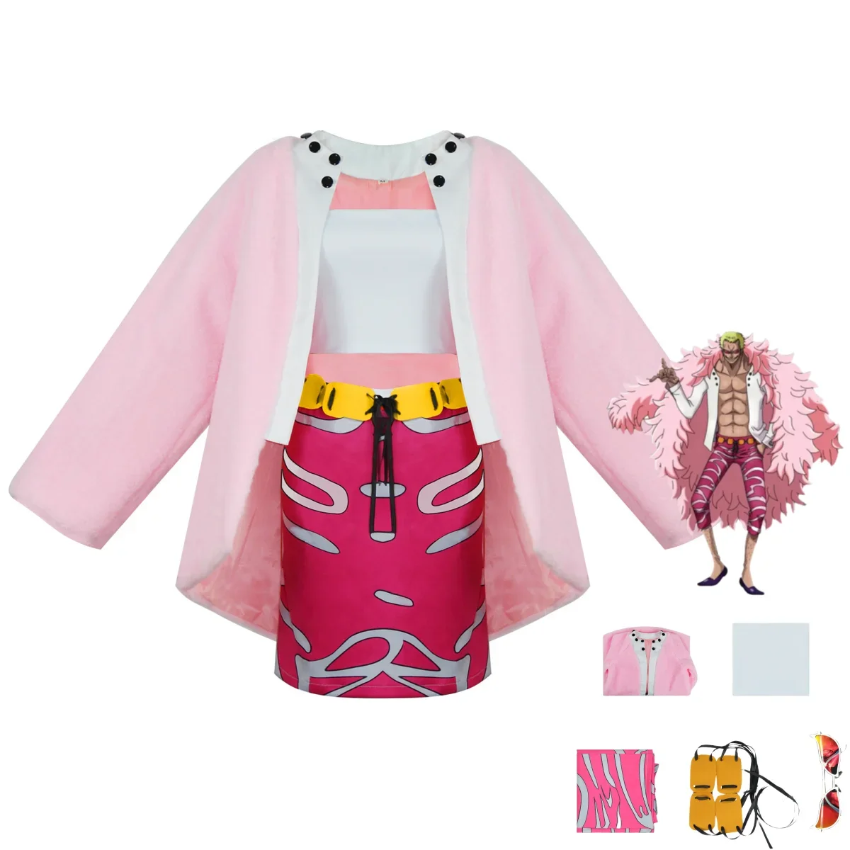 Anime Oka Shichibukai Donquixote Doflamingo Cosplay Costume Thread Fruit Female Pink Coat Skirt Glasses Woman Sexy Carnival Suit