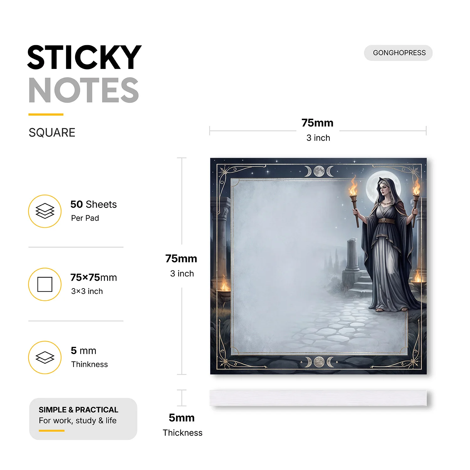 2pcs Greek Goddess Sticky Notes, Moon Torch Mythology Memo Pads, 100 Sheets Total, Removable Self-Adhesive Notes for Planner
