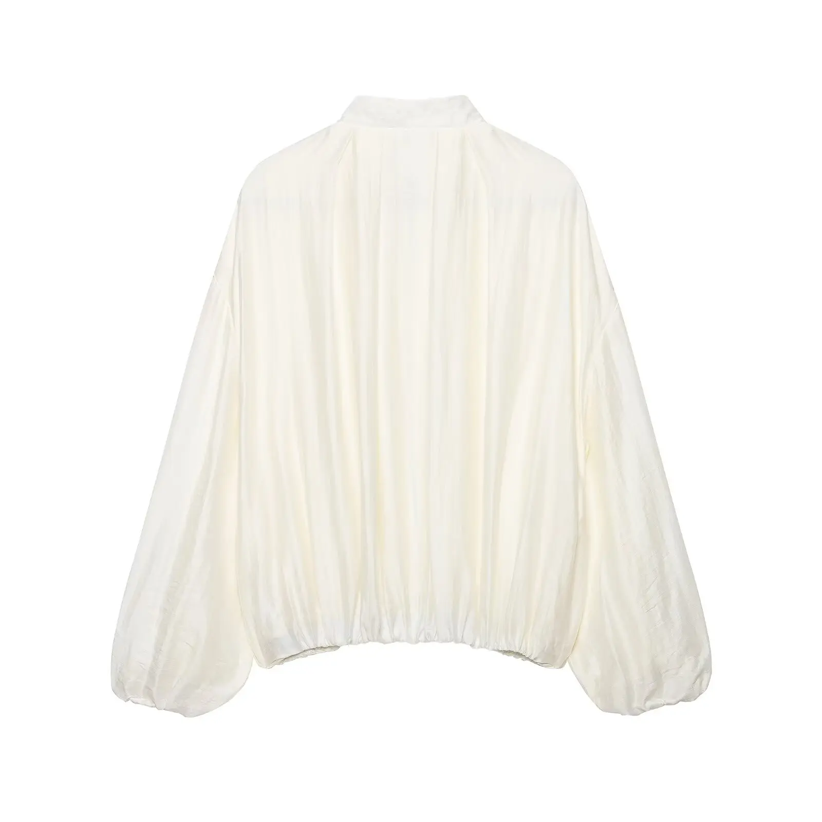 BSAY French Women Crinkled Pleated Bomber Jacket Stand Collar Zip Up Lantern Sleeve Elastic Cropped Loose Lightweight Outerwear