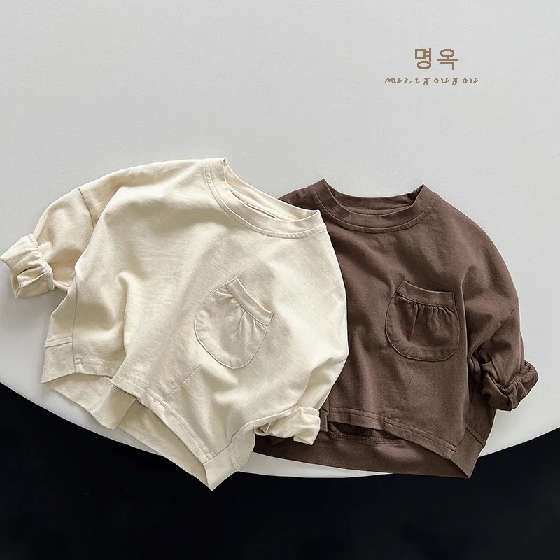 

2024 New Spring Korean Style Baby Girls Boys T-shirt Long Sleeved Cotton Solid Color Kids Pullover Children Casual Loose T-shirt