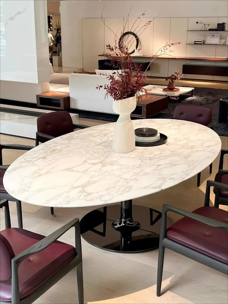 Italian minimalist natural, luxury stone marble dining table and chairs small apartment oval modern minimalist designer