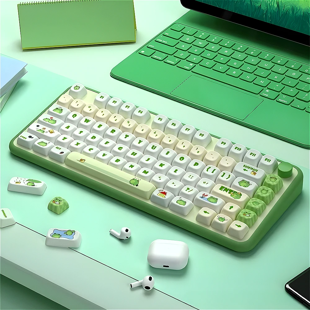 Green, keycaps, little frog PBT material, small full set MOT height, cute, suitable for mechanical keyboard keycaps