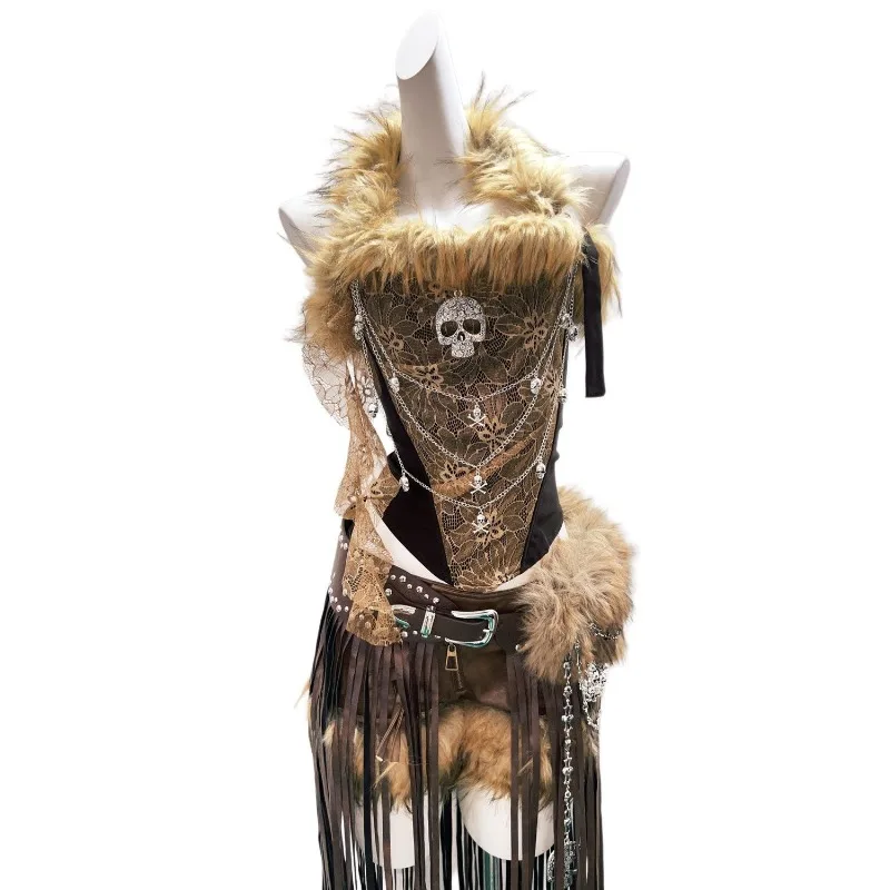 Retro Wasteland Outfit Faux Fur Tassel Costume Vest Shorts Belt Set Halloween Party Stage Performance Clothes for Women