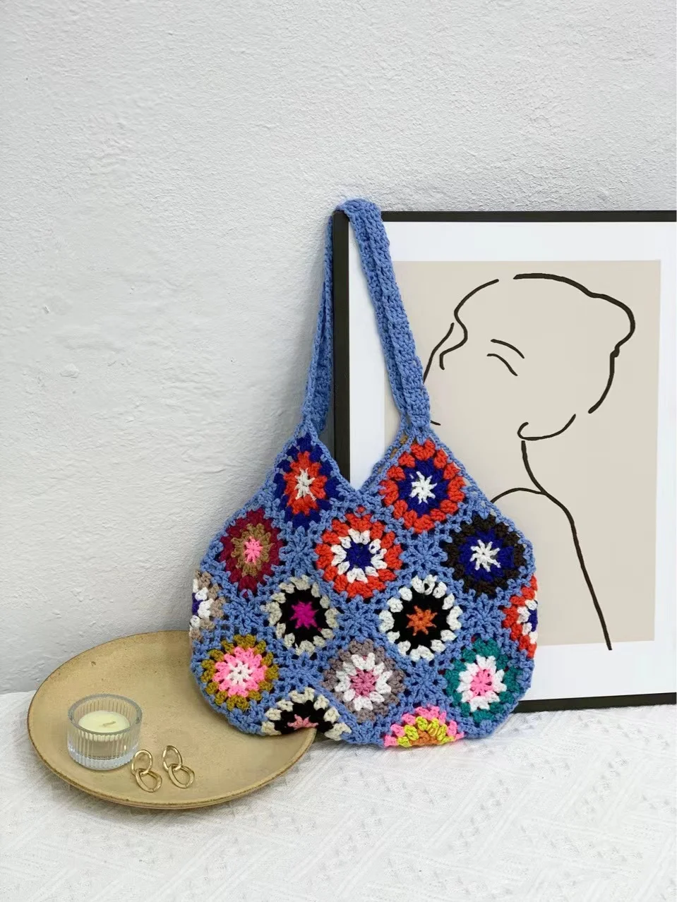 

Hanrted Hooked Flower Women's Bag Ethnic Wave Mexican Color Blo Handbag Heavy oulder Bag Handheld Women's Bag