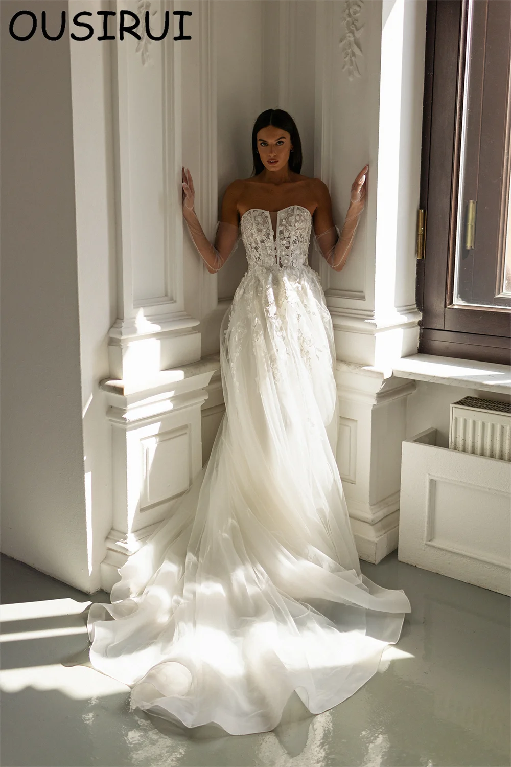 OUSIRbiomomis-Robe de mariée en tulle et dentelle pour femme, élégante, col bateau, dos nu, cour, patients de mariage