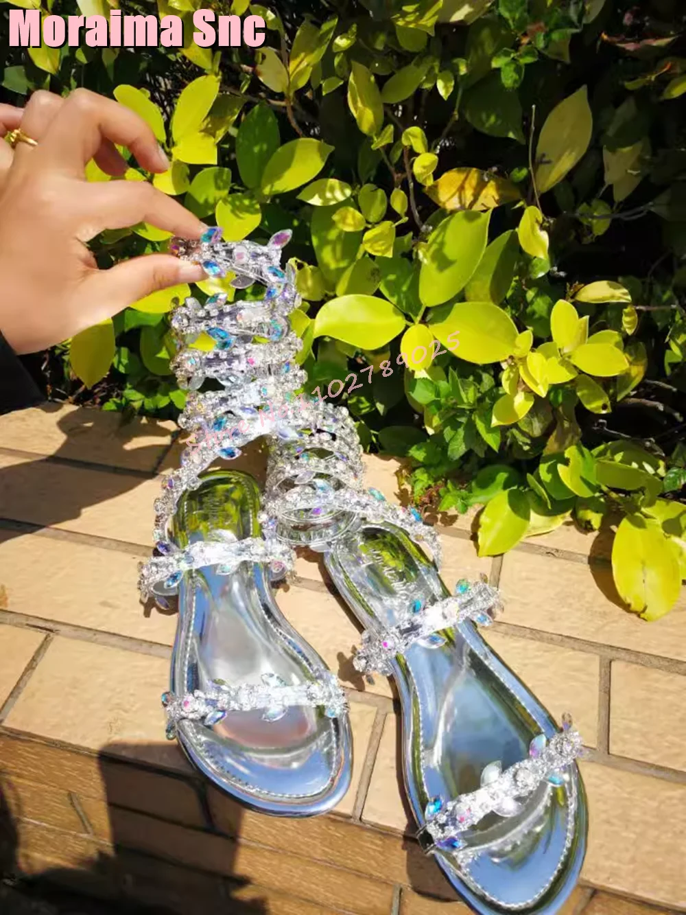 

Fashion Luxury Crystal Bling Sandals Glass Decor Winding Flat With Sexy Women's Shoes Wedding Party Silver Solid 2024 New Summer