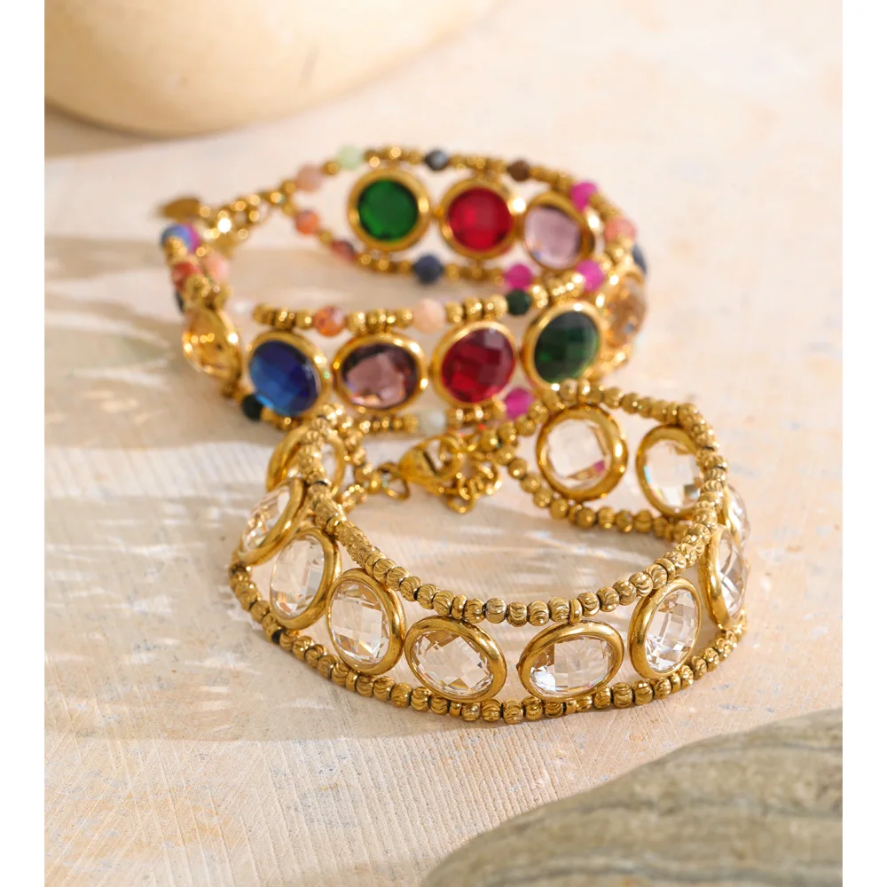 Yhpup New Arrivals Handmade Jewelry for Women Stainless Steel Colorful K9 Crystal Stone Round Chain Bracelet Bangle Gift