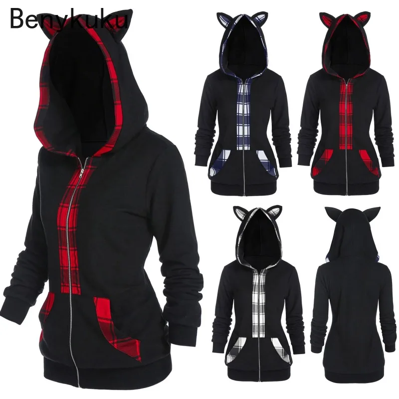 Women Long Sleeve Hoodies Kawaii Cat Ears Hooded Gothic Punk Harajuku Gothic Black Plaid Sweatshirts 2024 Aumnt Winter Coat