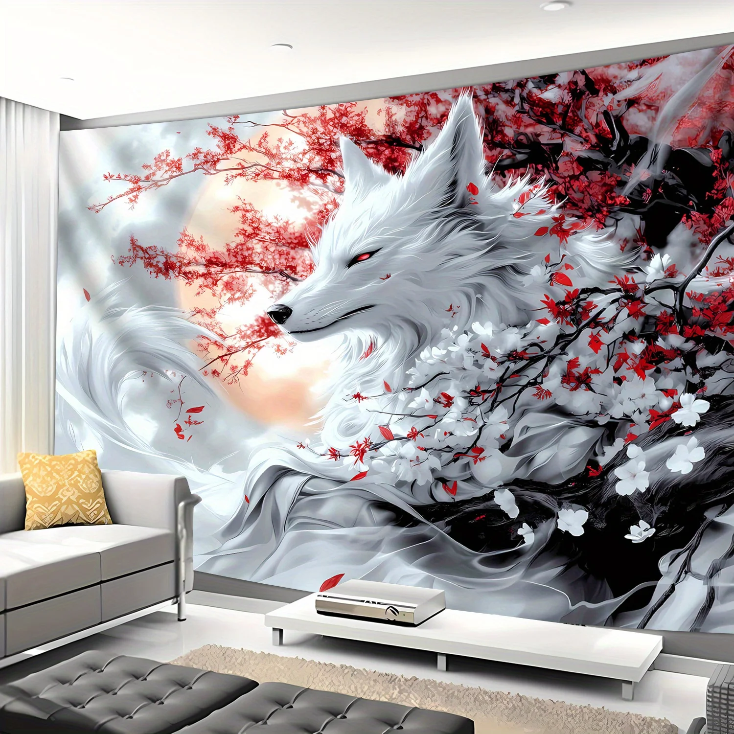 White Fox Tapestry, Mystical Wolf with Red Cherry Blossoms, Japanese Style Animal Wall Hanging for Living Room Bedroom