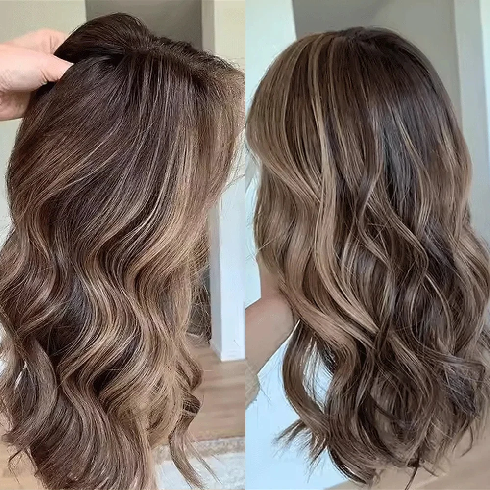 Women's Wig Ombre Dark Caramel Brown Balayage Luxury Synthetic Lace Front Wig Soft Glueless Hairline Wig Preplucked Hairline