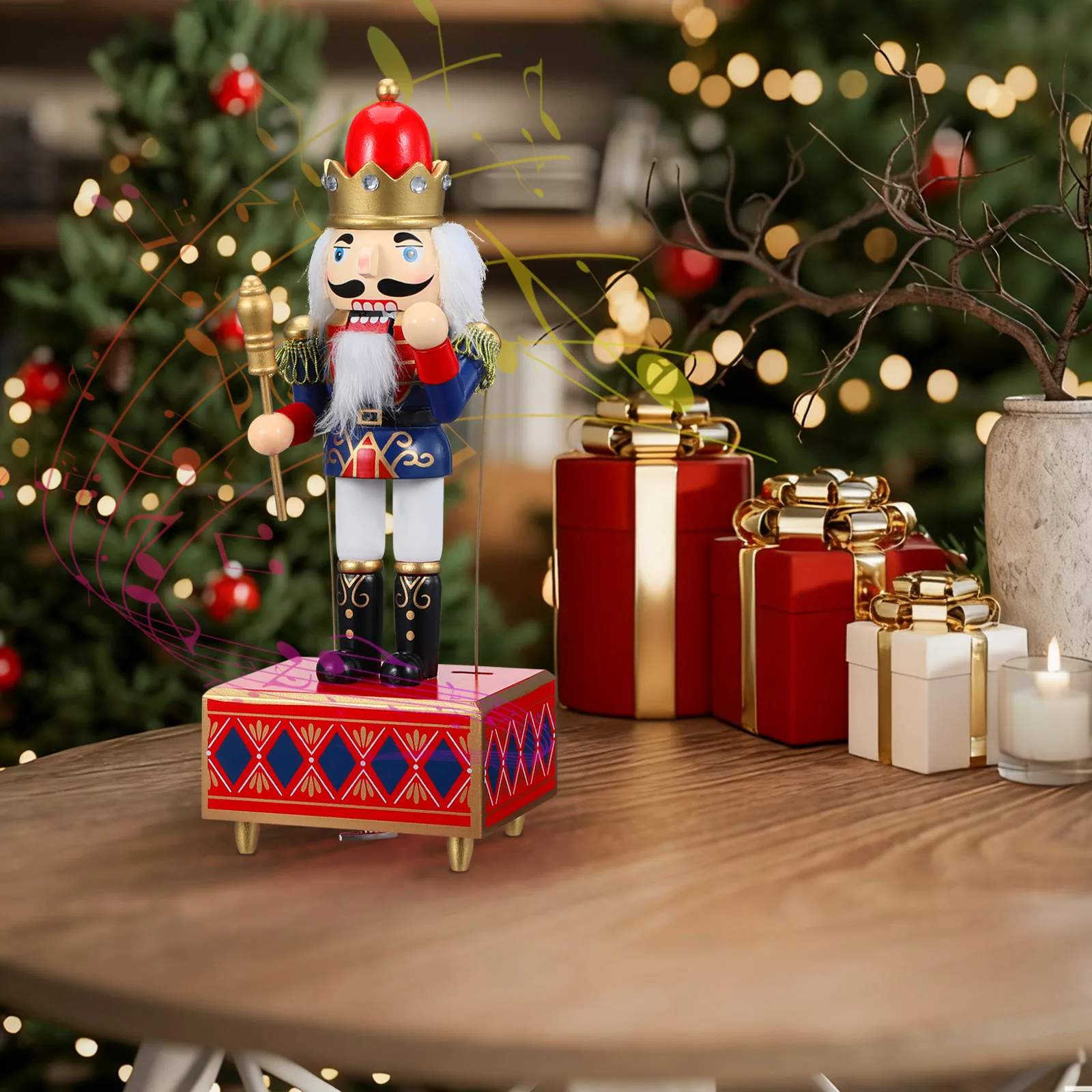 

Wooden Nutcracker Music Box Xmas Musical Adornment Rotating Knob Melody Box Christmas Gift for Home Decor Musical Adorn