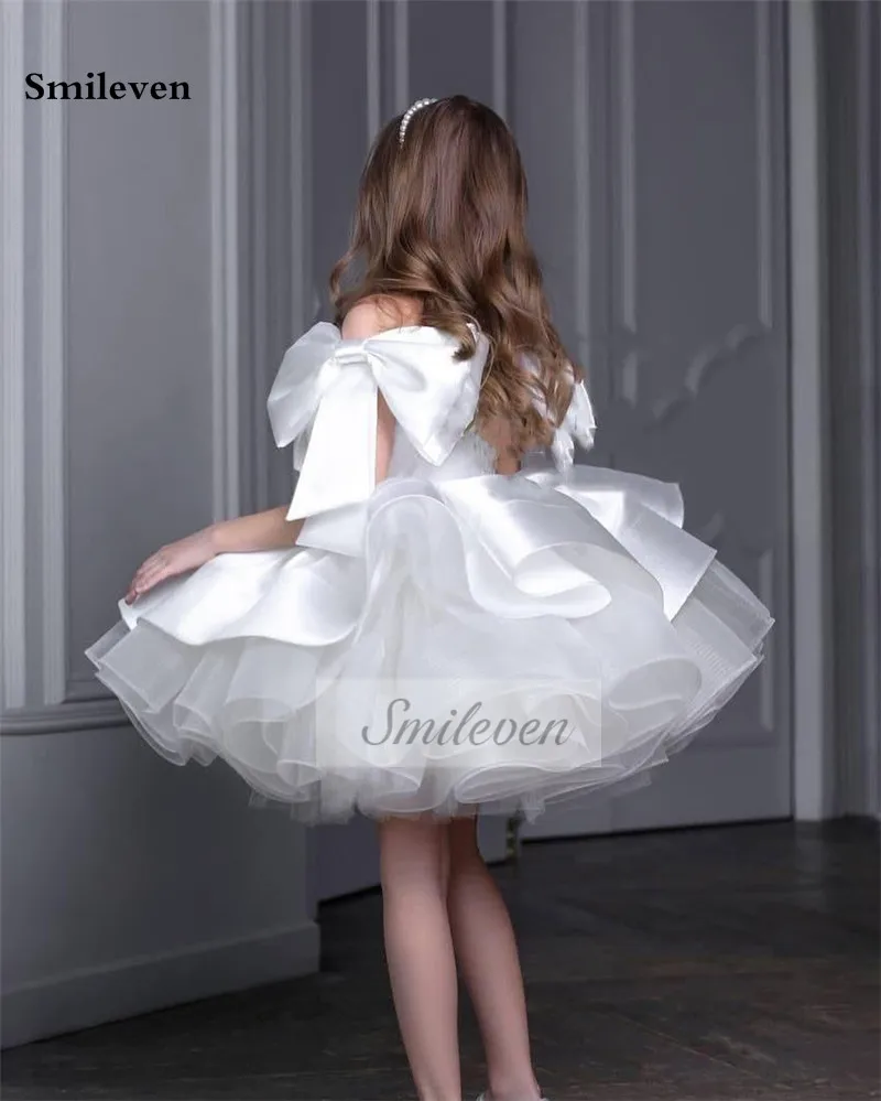 Smileven branco cetim prin menina vestido princesa na altura do joelho comunhão vestidos de festa grandes arcos vestidos para niñas personalizado